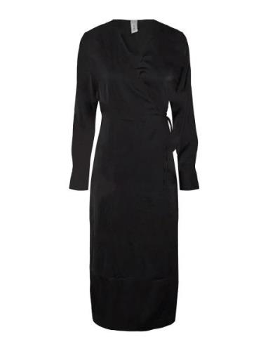 Yaspella Ls Wrap Midi Dress S. Noos Polvipituinen Mekko Black YAS