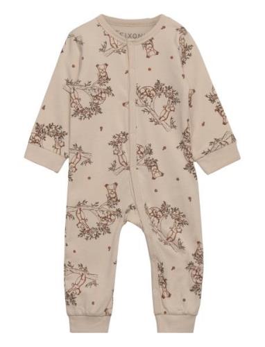 Nightsuit W/O Feet W.aop Pyjama Sie Jumpsuit Haalari Beige Fixoni