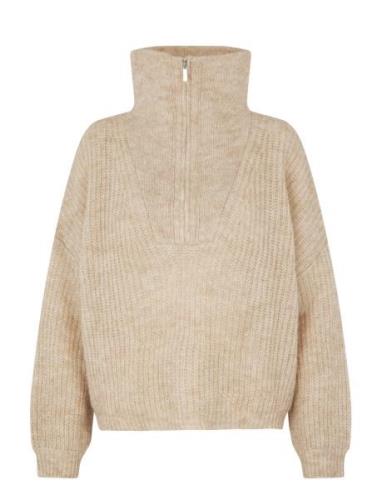 Lusinda Knit T-Neck Zip Tops Knitwear Jumpers Beige Second Female