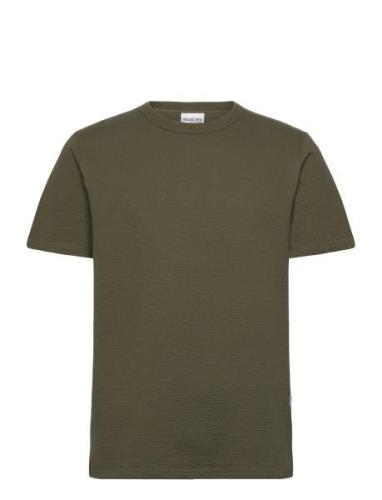 Slhsander Seersucker Ss O-Neck Tee Tops T-shirts Short-sleeved Khaki G...