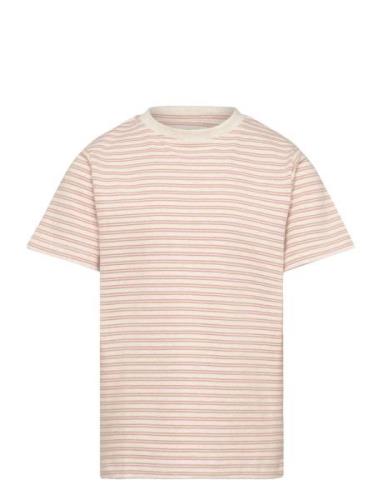 T-Shirt Ss Striped Rib Tops T-shirts Short-sleeved Beige Huttelihut