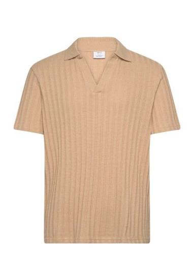 Regular-Fit Ribbed Cotton Polo Shirt Tops Polos Short-sleeved Beige Ma...