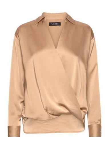 Satin Charmeuse Surplice Blouse Tops Blouses Long-sleeved Beige Lauren...