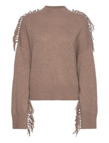 Boxy O-Neck Sweater Fringes Tops Knitwear Jumpers Beige Davida Cashmer...