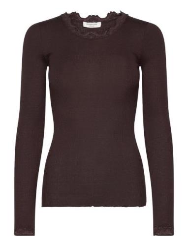 Silk T-Shirt W/ Lace Tops T-shirts & Tops Long-sleeved Brown Rosemunde