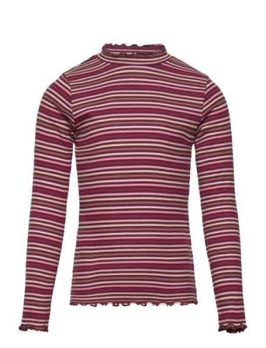 Top Rib Turtleneck Stripe Tops T-shirts Long-sleeved T-shirts Burgundy...