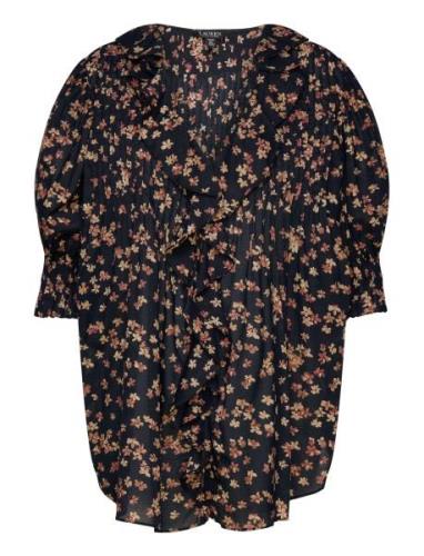 Floral Cotton Voile Puff-Sleeve Blouse Tops Blouses Long-sleeved Black...