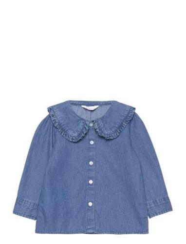 Babydoll-Collar Denim Shirt Tops Shirts Long-sleeved Shirts Blue Mango