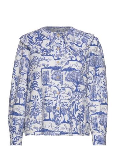 Wonderland Printed Big Collar Blouse Tops Blouses Long-sleeved Blue Bo...