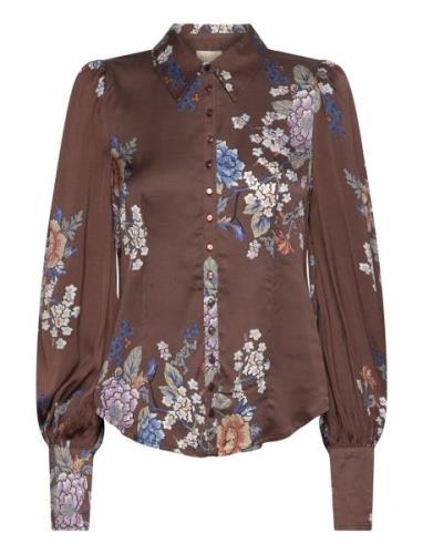 Satin Fitted Shirt Tops Shirts Long-sleeved Brown By Ti Mo