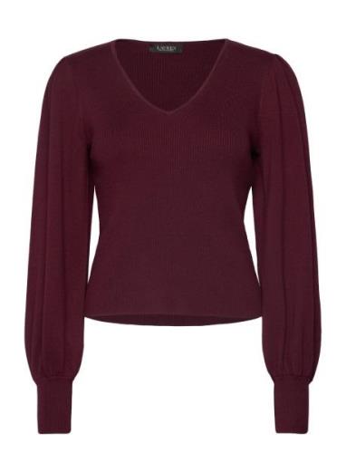 Cotton-Blend Blouson-Sleeve Sweater Tops Knitwear Jumpers Burgundy Lau...