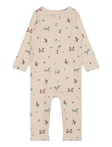 Nightsuit Ls Rib Pyjama Sie Jumpsuit Haalari Beige Fixoni