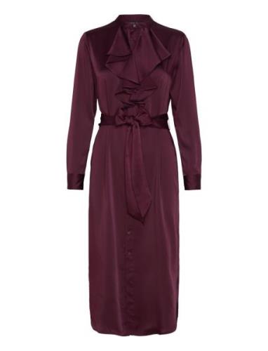 Ruffle-Trim Satin Charmeuse Shirtdress Polvipituinen Mekko Burgundy La...