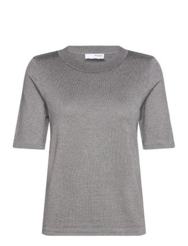 Slflura Lurex 2/4 Knit O-Neck Tops Shirts Short-sleeved Grey Selected ...