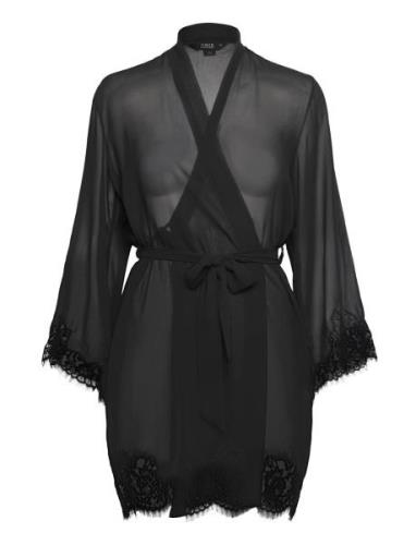 Kimono Satin Sheer Lace Edge Aamutakki Black Hunkemöller