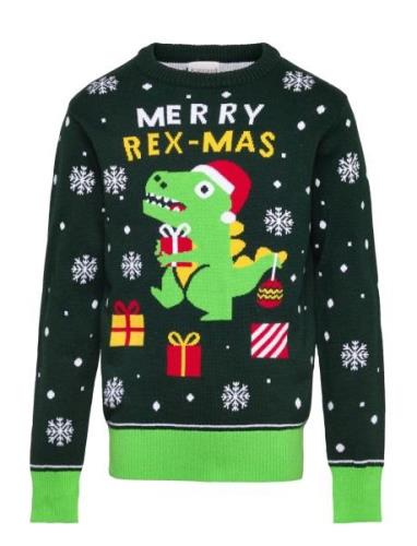 Sweet Christmas Dino Kids Tops Knitwear Pullovers Green Christmas Swea...