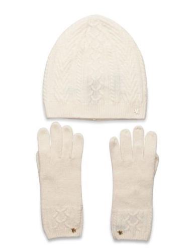 Cable-Knit Beanie & Glove Set Accessories Headwear Beanies Cream Laure...