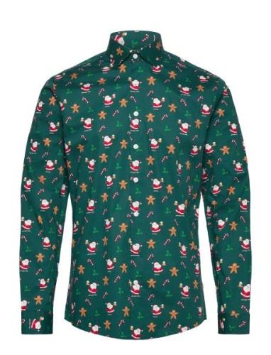 Aop Christmas Shirt L/S Tops Shirts Business Green Lindbergh