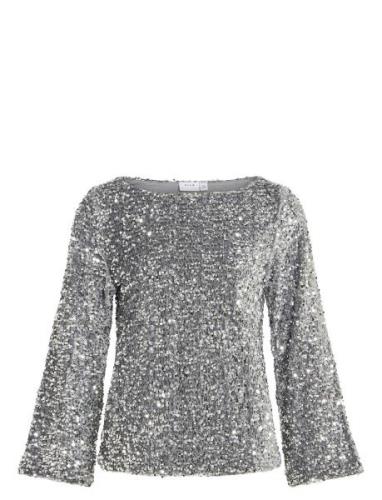 Vifaith Boat Neck L/S Sequin Top/Vol Tops Blouses Long-sleeved Silver ...