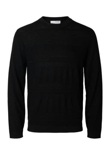 Slhtray Ls Knit Merino Crochet Crewneck Tops Knitwear Round Necks Blac...