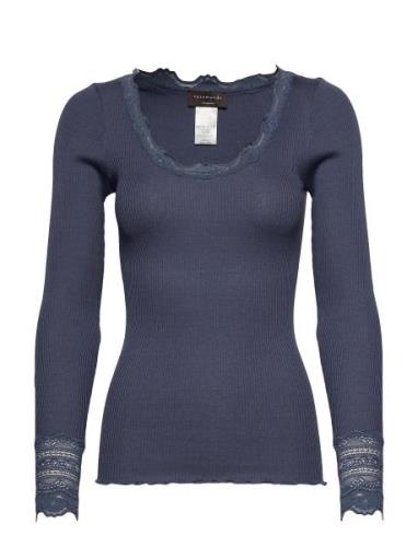 Silk T-Shirt W/ Lace Tops T-shirts & Tops Long-sleeved Blue Rosemunde