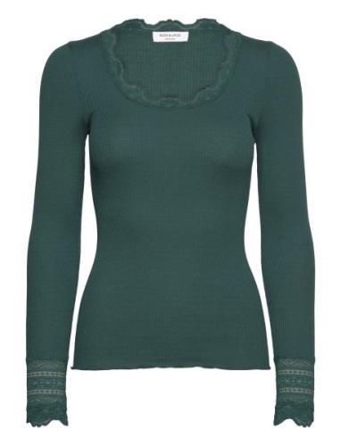 Silk T-Shirt W/ Lace Tops T-shirts & Tops Long-sleeved Green Rosemunde