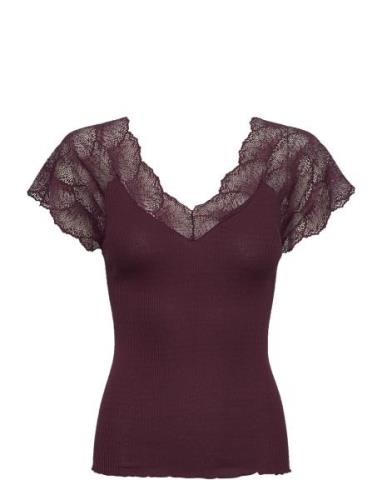 Beatha Silk Top W/Lace Tops T-shirts & Tops Short-sleeved Burgundy Ros...