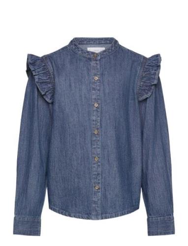 Ruffled Denim Shirt Tops Shirts Long-sleeved Shirts Blue Mango