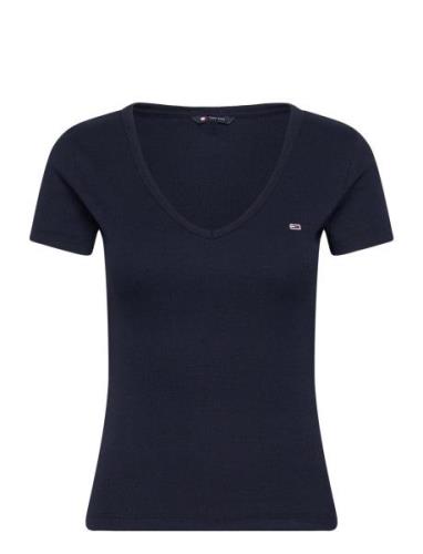 Tjw Slim Essential Rib V Ss Tops T-shirts & Tops Short-sleeved Navy To...