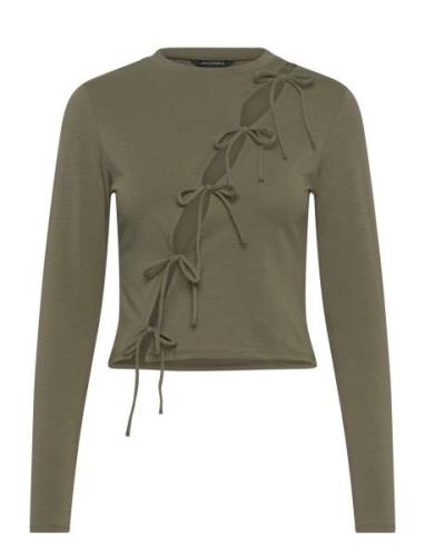 Long Sleeve Tie Top Tops T-shirts & Tops Long-sleeved Khaki Green Monk...